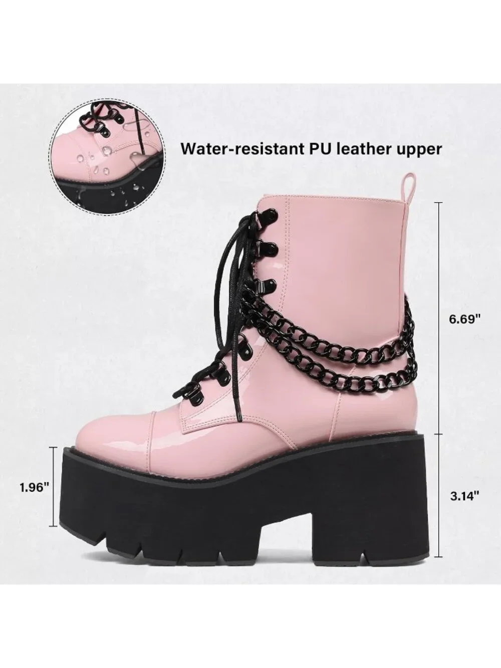 Women's Pink Rubber Platform Chunky Wedge Lace Up Chain Zipper Ankle Booties